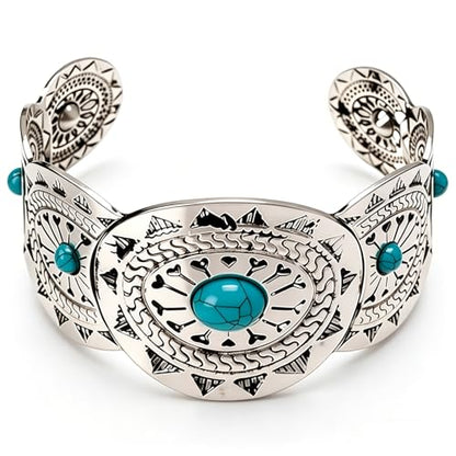 Western Bracelet for Women, Silver-Tone Concho Boho Bracelet Turquoise Cuff Adjustable Western Bangle for Rodeo Country Outfit Gifts