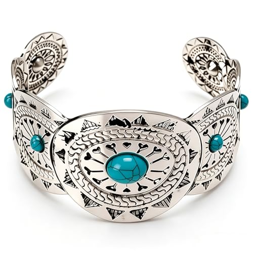 Western Bracelet for Women, Silver-Tone Concho Boho Bracelet Turquoise Cuff Adjustable Western Bangle for Rodeo Country Outfit Gifts