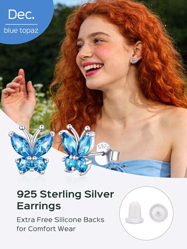 ChicSilver 925 Sterling Silver Bow/Butterfly Earrings for Women Hypoallergenic Birthstone Earrings Dainty Bow/Butterfly Jewelry Gift for Women - color: Butterfly-December-Blue Topaz