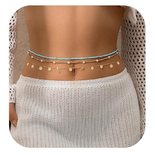 14K Gold Plated Belly Chain Layered Adjustable Waterproof Sparkling Sequin Body Chain Sparkling beads Sexy Bikini Waist Chain With Scalable Elastic Rope - Aqua Brown Golden - color: 3 Layers Aqua