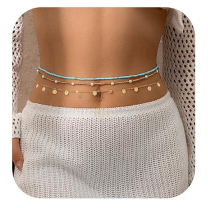14K Gold Plated Belly Chain Layered Adjustable Waterproof Sparkling Sequin Body Chain Sparkling beads Sexy Bikini Waist Chain With Scalable Elastic Rope - Aqua Brown Golden - color: 3 Layers Aqua