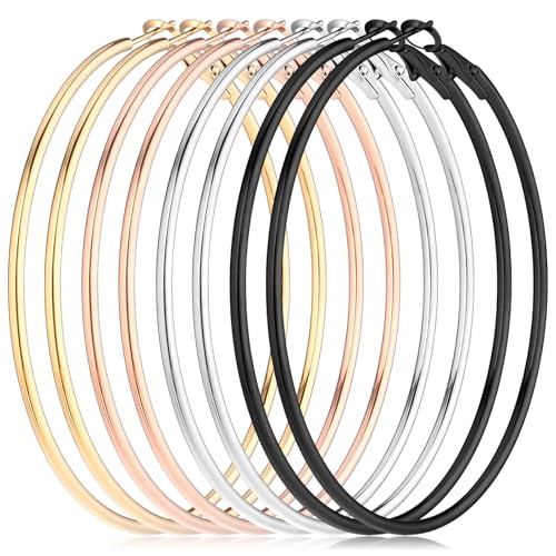 4Pcs Stainless Steel Hoop Earrings, Large Circle Silver Hoop Cartilage Gold Silver Rose gold Black Oversize Earrings for Women - size: 60 mm