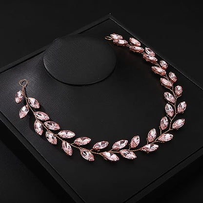 Teyglen Bride Wedding Crystal Hair Vine Full Pink Crystal Headband Bridal Hair Accessories Wedding Headpiece Handmade Pink Rhinestone Hair Piece Headband for Women Girls (Pink) - color: Pink