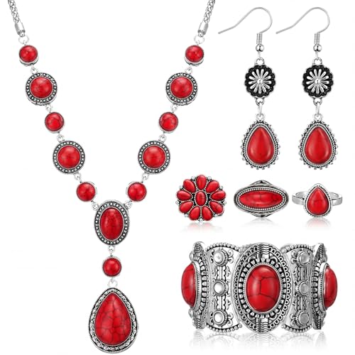 Ecally Bohemian Western Jewelry Turquoise Set Women Country Pendant Long Choker Layered Bracelets Earrings Ring for Women - color: Red, style: Stylish
