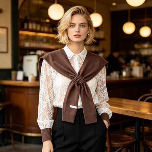 WaJuemy Women's Sweater Shawl Wraps Sleeves Knitted Collar Sweater Scarf Top Casual Lightweight Shoulder Cape Accessories - color: 21 Maroon