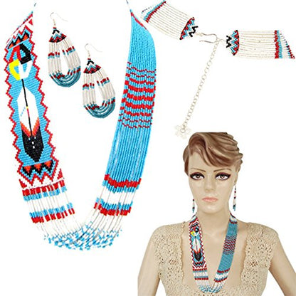 Handmade Beaded Indian Necklace,Inspired by Native American Style Long Necklace Earrings Set,One of a Kind beaded Necklace for Women,Perfect for Occasions, Gifts - color: Turq