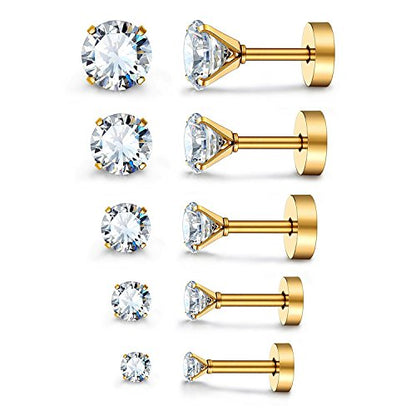 JewelrieShop Cartilage Tragus Earring Stainless Steel Stud Piercing Earring Flat Back Earrings Stud Flatback Screw Back Earrings for Women Men (16G, 6mm Bar Length, 3mm-7mm CZ, 5 Pairs) - color: 03. Gold with Clear White CZ