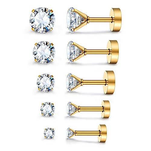 JewelrieShop Cartilage Tragus Earring Stainless Steel Stud Piercing Earring Flat Back Earrings Stud Flatback Screw Back Earrings for Women Men (16G, 6mm Bar Length, 3mm-7mm CZ, 5 Pairs) - color: 03. Gold with Clear White CZ