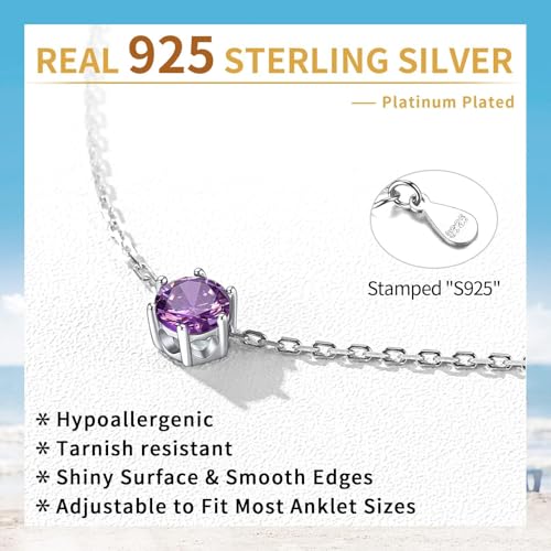 ChicSilver 925 Sterling Silver Anklets for Women, Simple Dainty Round/Heart Birthstone Ankle Bracelet Beach Foot Jewelry, 8.7-10.7 Inch Adjustable - color: 02. Round - February(Amethyst)
