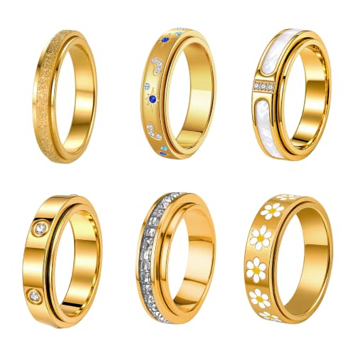 LOFITOR Fidget Band Rings Set for Women Fidget Rings for Anxiety 6pcs Stainless Steel Spinner Anti Anxiety Ring Spinning Stress Relief CZ Rings for Women Men - color: E-Gold