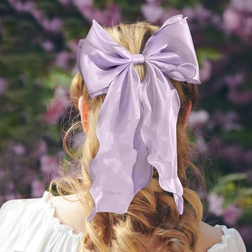 papasgix Hair Bow Clips: Big Solid Color Silk Ribbons for Women & Girls (4: Champagne, Blue, Purple, Pink) - color: Champagne+Blue+Purple+Pink