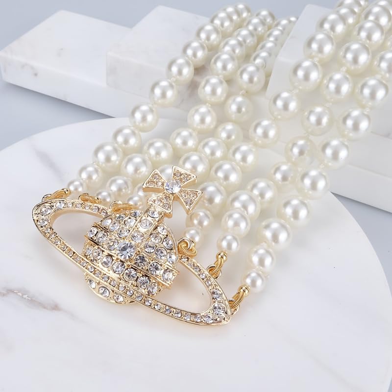 Dreuyet Saturn Pearl Necklace and Earrings Set Crystal Planet Earrings Dainty Artificial Pearl Choker Necklace Charm Gifts for Mum Wife Wedding Birthday Anniversary - color: 3 Layered Pearl Gold