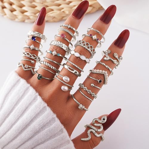 Layering Rings for Women, Adjustable Stainless Steel Joint Finger Cubic Zirconia Stackable Thumb Rings Band for Statement Open Knuckle Stacking for Women - color: Silver CZ 30PCS