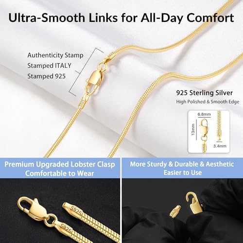 Jewlpire 1.5mm 2mm 2.5mm Snake Chain 18k Gold Plated 925 Sterling Silver Chain Necklace for Women, Smooth Sturdy Hypoallergenic, 16 18 20 22 24 Inch - color: 1.5mm-18K Gold Plated, size: 20 Inches