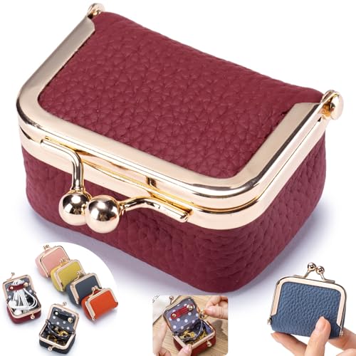Genuine Leather Mini Jewelry Box - Vintage-Inspired Travel Jewelry Organizer with Kiss Lock, Compact Ring Box for Women, Perfect for Earrings, Rings, Necklaces, Bracelets - Ideal Gift for Her (Red) - color: Red S 2.56in