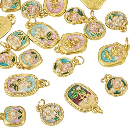 20Pcs Alloy Enamel Flower Golden Charms Flat Round Oval Floral with Acrylic Pearl Bead Charms 3D French Style Oil Painting Pendants for Bracelet Necklace Earring DIY Crafts - color: Golden Plated, 10 Styles
