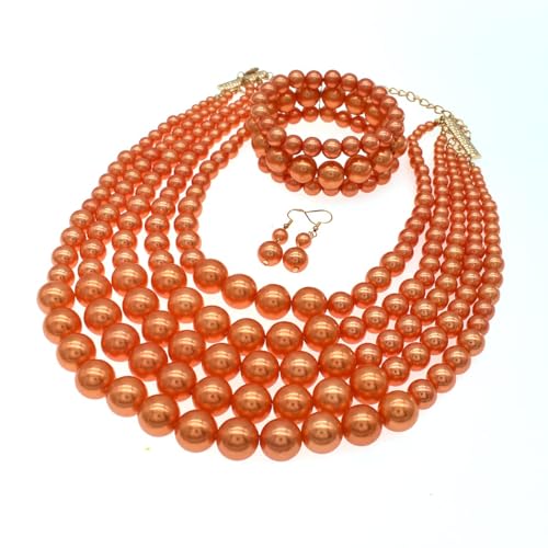 Faux Big Pearl Srand Necklaces for Women 5 Layers Pearls Choker Bib Collar Necklace Bracelet and Earrings set 1920s Costume Pearl Jewelry Bridal Wedding - color: orange