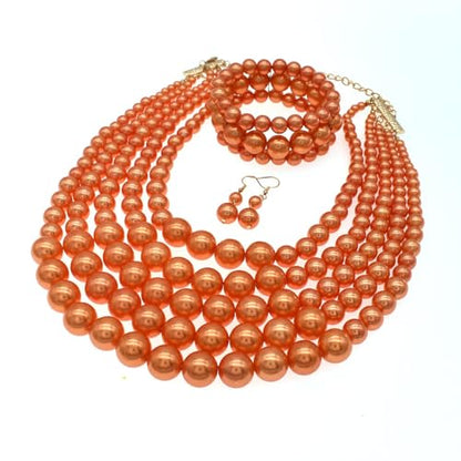 Faux Big Pearl Srand Necklaces for Women 5 Layers Pearls Choker Bib Collar Necklace Bracelet and Earrings set 1920s Costume Pearl Jewelry Bridal Wedding - color: orange