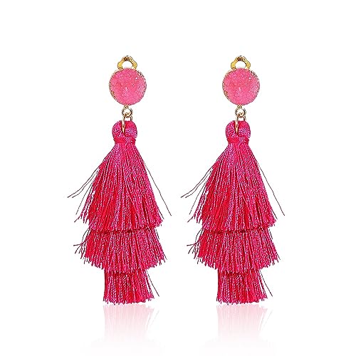 Boho Statement Tassel Earrings - Clip On Feather Dangling Fringe Earrings for Women - Non Piercing Jewelry for Vacation, Beach, Bride, Bachelorette, Costume, Prom - color: Hot Pink