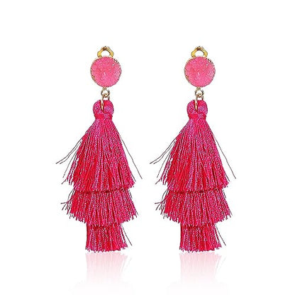 Boho Statement Tassel Earrings - Clip On Feather Dangling Fringe Earrings for Women - Non Piercing Jewelry for Vacation, Beach, Bride, Bachelorette, Costume, Prom - color: Hot Pink