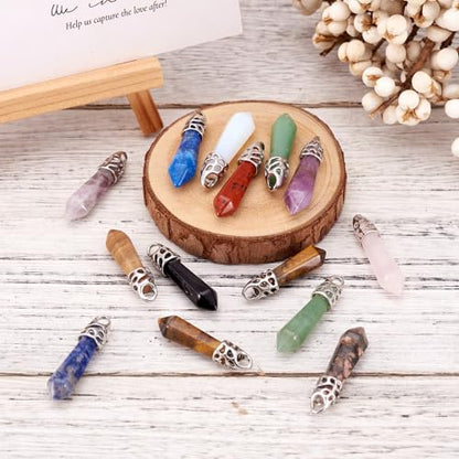 20Pcs Bullet Shape Gemstone Pendants Natural & Synthetic Random Mixed Hexagonal Chakra Crystal Pointed Quartz Charm with Platinum Alloy Loop 33~40x8~9mm for Necklace Earring Bracelet Making - color: 3-Mixed Color-Bullet