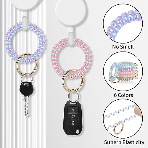 QIUTIMIY 6PCS Wristlet Keychain, Colorful Spiral Coil Hair Tie for Women, Sauna Accessaries Wrist Coil Key Ring Key Holder - color: Dazzle