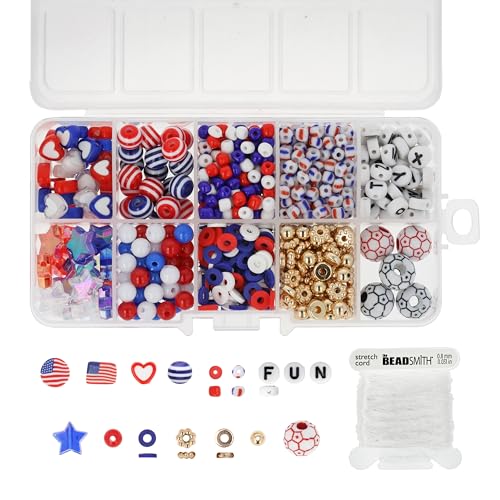 The Beadsmith USA Bead Mix Assortment – Red White and Blue Beads with American Flags & Soccer Balls, Includes 5.4 yd (16.1 ft) Stretch Cord in 0.8 mm Dia, 250 Anniversary USA Merchandise Beads