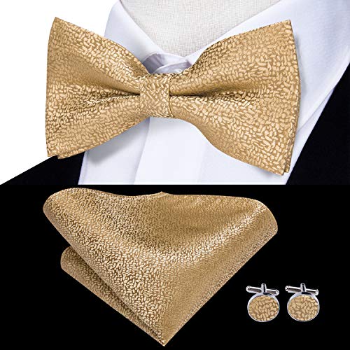 Hi-Tie 5Pcs Mens Solid Color Silk Tie Satin Pretied Bowtie Lapel Pin for Men Handkerchief Cufflink Wedding Gift Box - color: A Gold
