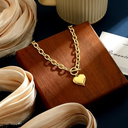 Chunky Gold Necklace for Women, Dainty 14K Gold/Silver Plated Heart Pendant Choker Necklaces Trendy Circle Chain Toggle Clasp Necklace Jewelry Gift for Women