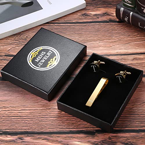 LOYALLOOK Black Initial Cufflinks and Tie Clip Set for Men Personalized Copper Cuff links and Tie Bar Letter Alphabet A-Z Gift for Father Husband Valentine Gifts for Men - color: T