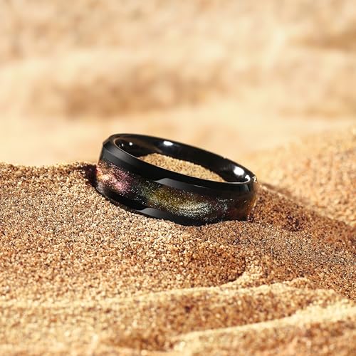 King Will Mens Galaxy Tungsten Wedding Band | 6mm/8mm, Beveled Edge, Comfort Fit, Durable, Sandstone Opal Inlay Polished, Everyday Wear - color: Black&Red&Yellow