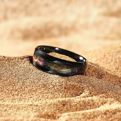 King Will Mens Galaxy Tungsten Wedding Band | 6mm/8mm, Beveled Edge, Comfort Fit, Durable, Sandstone Opal Inlay Polished, Everyday Wear - color: Black&Red&Yellow