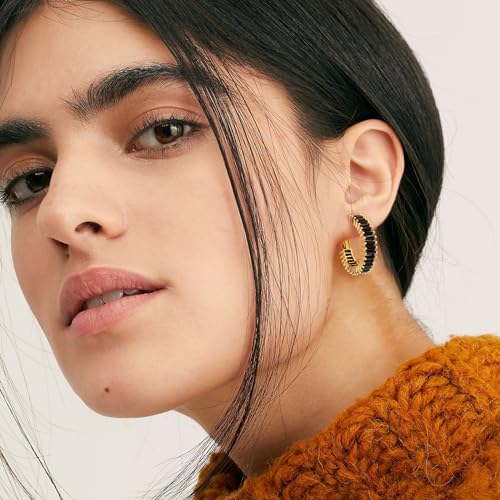 Trendy 14K Gold Plated Hoop Earrings for Women, Chunky Gold/Silver Earrings for Women Cubic Zirconia Baguette Hoop Earrings Heart Hoops Lightweight Hypoallergenic Jewelry,25mm/35mm/40mm/50mm - color: 01 Gold Black CZ Hoops 25mm