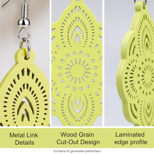 Boho Black Filigree Dangle Earrings for Women, Lightweight Hollow Lace Drop, Wood, 3.34" x 1.69", Bohemian Jewelry - color: Light Green