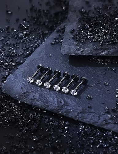 16G ASTM F136 Titanium Surgical Steel Internal Thread Flat Back Studs Earrings Lip Rings Labret Medusa Helix Tragus Cartilage Earring stud Piercing Jewelry for Women Men Silver Black Gold - style: 16g/3mm Clear cz/Black 8mm