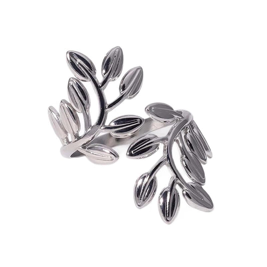 Stainless Steel Leaf Statement Ring for Women Laurel Branch Leaves Open Adjustable Band Fashion Finger Stacking Rings Birthday Party Jewelry Gifts Friendship - style: Floral