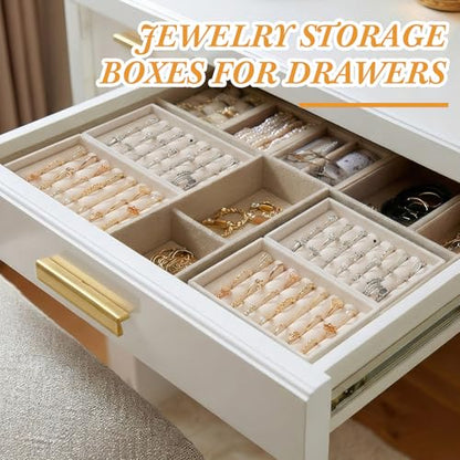 6 Pcs Small Jewelry Tray-ring Organizer Velvet Rings Earring Display Tray Mini Storage Insert Holder 7 Slots for Drawer(Beige) - color: Beige