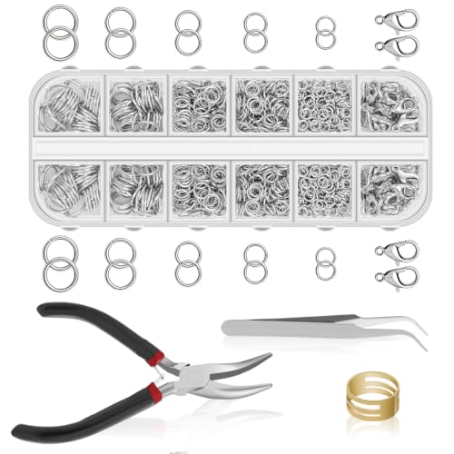 1200 Pcs Jump Rings for Jewelry Making, Open Jump Rings with Pliers, Tweezer and Lobster Clasps for Necklace Repair and Bracelet Making (Silver) - color: Silver