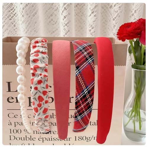Floral Headbands for Girls,5PCS Cute Padded Pearl Headband Ladies Padded Headbands for women Vintage Wide Headband Coquette Accessories (Red, 6.29“ x 5.11") - color: Red