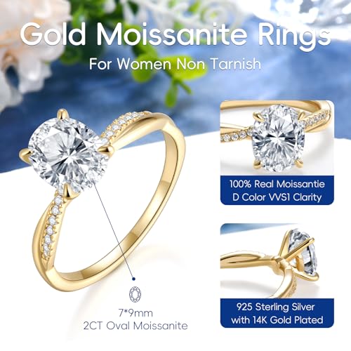 Radiant Cut Moissanite Engagement Ring for Women, Bezel Set Solitaire Ring | D Color VVS1 925 Sterling Silver 14K Gold Plated Wedding Ring, Available in 2CT 3CT 5CT, Diamond Alternative Promise Jewelry - style: 02 - Yellow Gold - 2CT Oval Moissanite