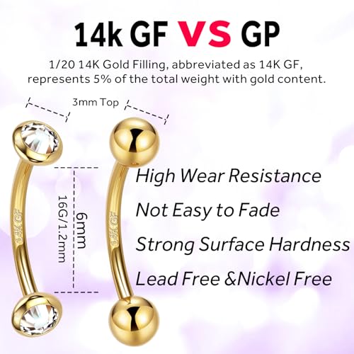 2 Pcs 14k Gold Filled Eyebrow Rings, 16G Threaded Rook Piercing Jewelry, Surgical Steel Vertical Lip Labret Belly Tongue Ring Daith Earring Curved Barbells - color: 6mm-2pcs Inlaid CZ