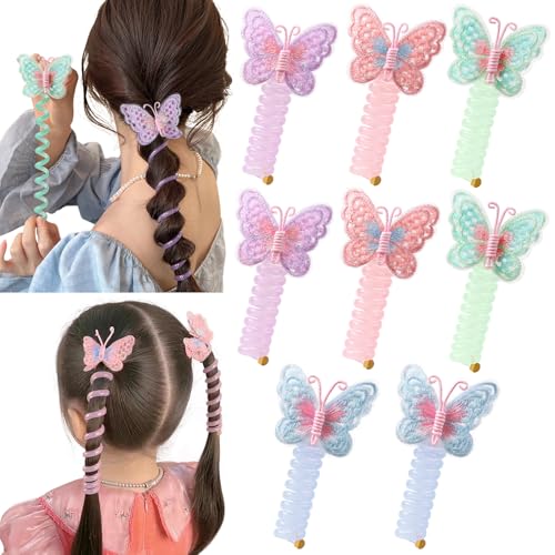 8 Pcs Butterfly Telephone Wire Hair Bands for Kids Girls Colorful Butterfly Spiral Hair Ties Phone Cord for Kids Butterfly Braided Ponytail Hair Bands Faquan-8 (8 PCS Butterfly)