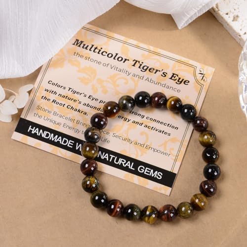 MASSIVE BEADS Handmade Yoga Stretch Elastic Bracelet Natural Stone Crystal Healing Power Energy Gifts for Unisex Adult 4mm 6mm 8mm 10mm - color: 3-Tiger's Eye (Vitality and Abundance), size: 8mm
