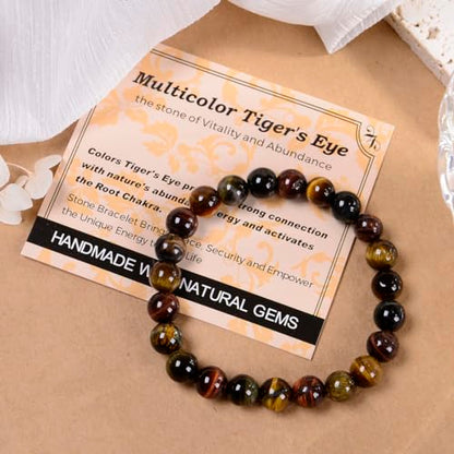 MASSIVE BEADS Handmade Yoga Stretch Elastic Bracelet Natural Stone Crystal Healing Power Energy Gifts for Unisex Adult 4mm 6mm 8mm 10mm - color: 3-Tiger's Eye (Vitality and Abundance), size: 8mm