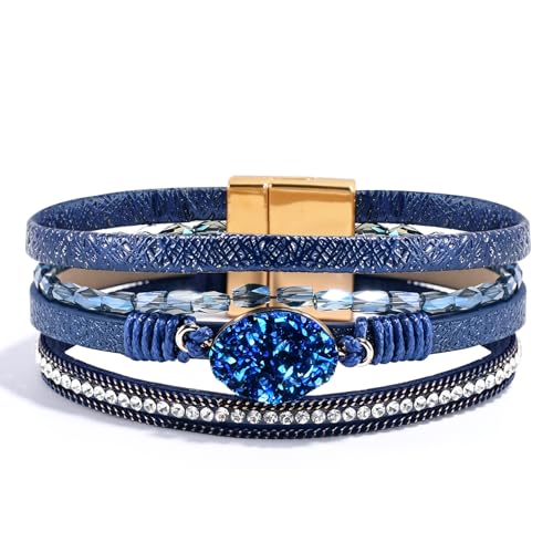 Wrapped Bracelets for Women,Leather Boho Bracelets for Women - color: Beads-NavyBlue
