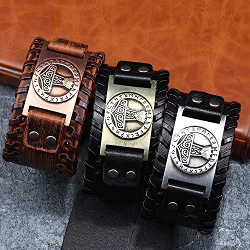 GelConnie Viking Bracelet Punk Leather Cuff Bracelet Gothic Leather Wristband Bracelet with Nordic Amulet Scandinavian Talisman Celtic Pagan Jewelry - color: Black Mjolnir