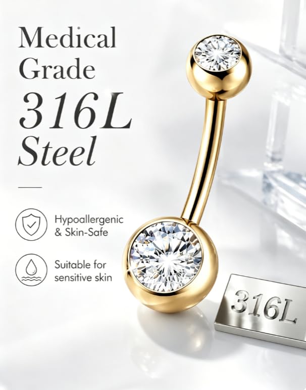 316L Stainless Steel Belly Button Rings Set Hypoallergenic Sparkly Crystal Dangle Navel Piercing Jewelry Shiny Rhinestone Belly Studs with Storage Gift Box for Women