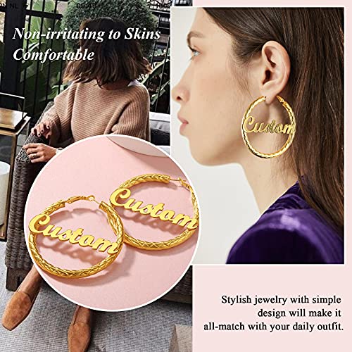 FindChic Chunky Hoop Earrings for Women, Silver/Black/14K Gold Plated Crossover Patterned Hollow Tube Rounded Loop Earrings, 30mm/40mm/60mm/80mm Hoops with Custom Name Options and Gift Box - color: f.Gold (Custom Name), size: 60MM