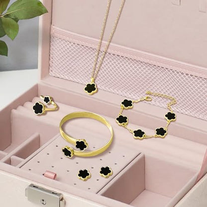 Lucky Flower Alloy Jewelry, Lucky Flower Design Necklace Earrings Bracelet Bangle Ring Jewelry Set, Clover Gold Plated Chain Wrap Ornament & Plush Pouch for Women - color: Black