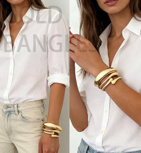 Chunky Gold Bangle Bracelets for Women, Dainty 14k Gold Plated Big Stackable Bangles Set, Trendy Statement Cuff Bracelet Stack Fashion Jewelry Gifts - style: A1-gold